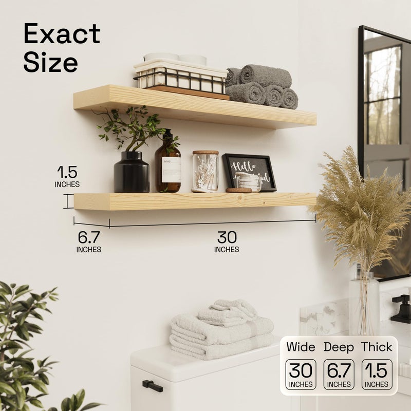 BAOBAB WORKSHOP Solid Wood Floating Shelves for Wall 30 Inches Long, Wooden Shelf Bathroom Large, Light Oak Floating Shelves for Room Wall Mounted Kitchen Farmhouse, Natural Wood, 30W Ã— 6.7D, Set of 2 - Image 3