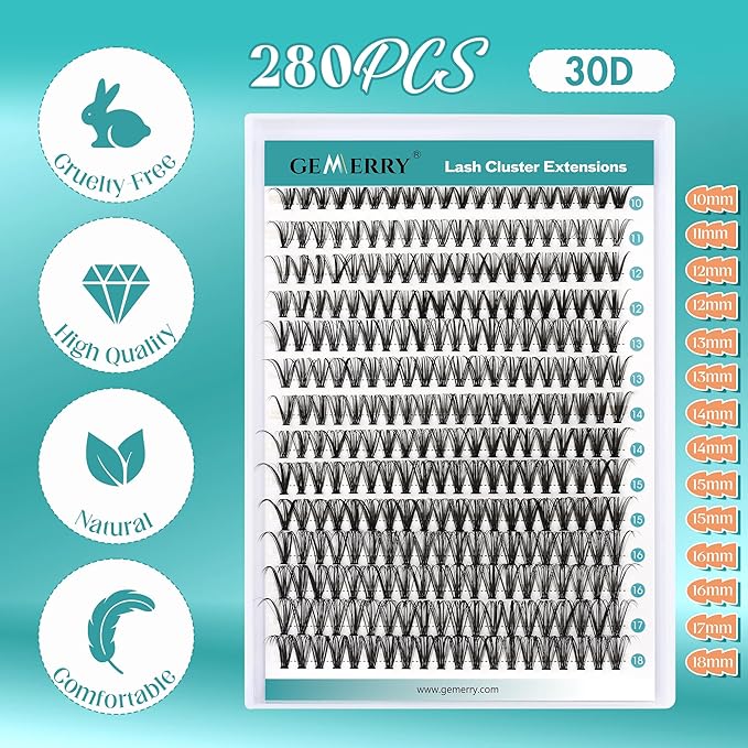 GEMERRY DIY Cluster Eyelash Extensions Kit with Lash Bond and Seal and Applicator for Beginners 280 PCS Individual Lash Cluster Kit 007D 1018 Mix DIY at Home 80D007D1018MIXKIT - Image 2