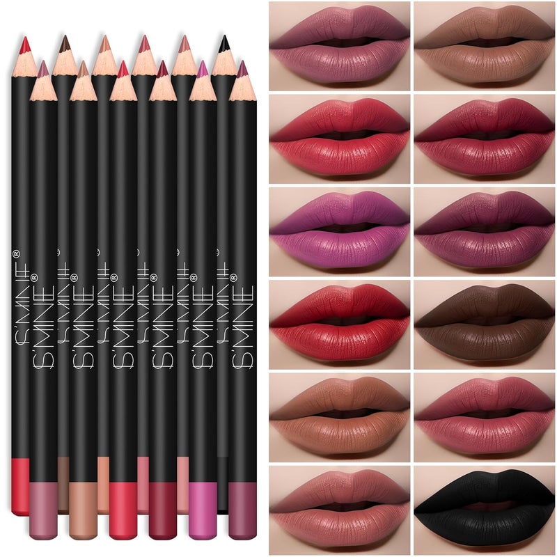 ISMINE 12PCS Lip Liner Pencil Nice Color Precise Lining Creamy formula Versatile Long Wood Eyeliner Lip Lining kit Set A