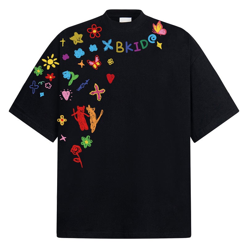 Trendy Brand Hand-Painted Graffiti Short-Sleeved T-Shirt For Men And Women Summer Couples American Style High Street Half-Sleeved Tee2025 Year-Old Popular Style - Image 1