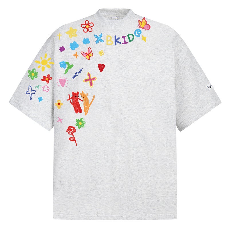Trendy Brand Hand-Painted Graffiti Short-Sleeved T-Shirt For Men And Women Summer Couples American Style High Street Half-Sleeved Tee2025 Year-Old Popular Style - Image 2