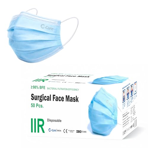 C-Cure 3 Ply Surgical Face Mask Pack of 100 IIR | Disposable Non Woven Breathable Face Mask with Nose Clip & Soft Earloop | Daily Use for Men Women Office Travel Pollution | Blue - Image 1