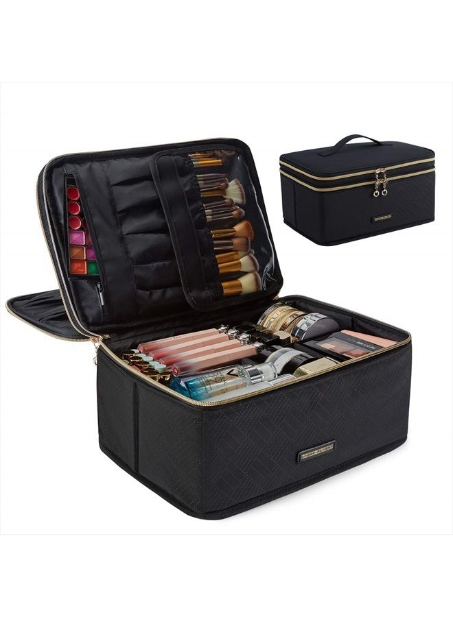 LIGHT FLIGHT Makeup Bag, Cosmetic Bag Large Makeup Case Organizer with Adjustable Dividers for Cosmetics, Makeup Brushes, Toiletries, Travel Accessories (Black-2 layer, Large) - Image 1