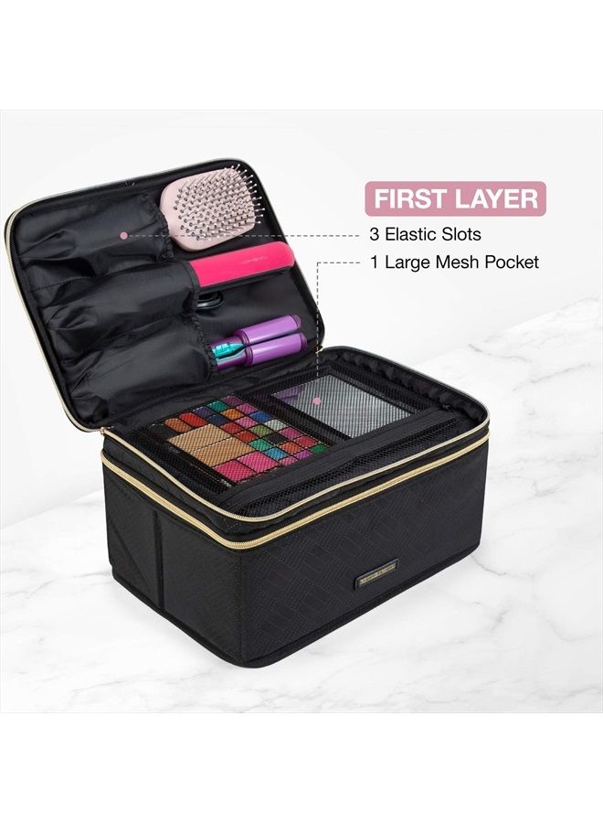 LIGHT FLIGHT Makeup Bag, Cosmetic Bag Large Makeup Case Organizer with Adjustable Dividers for Cosmetics, Makeup Brushes, Toiletries, Travel Accessories (Black-2 layer, Large) - Image 2