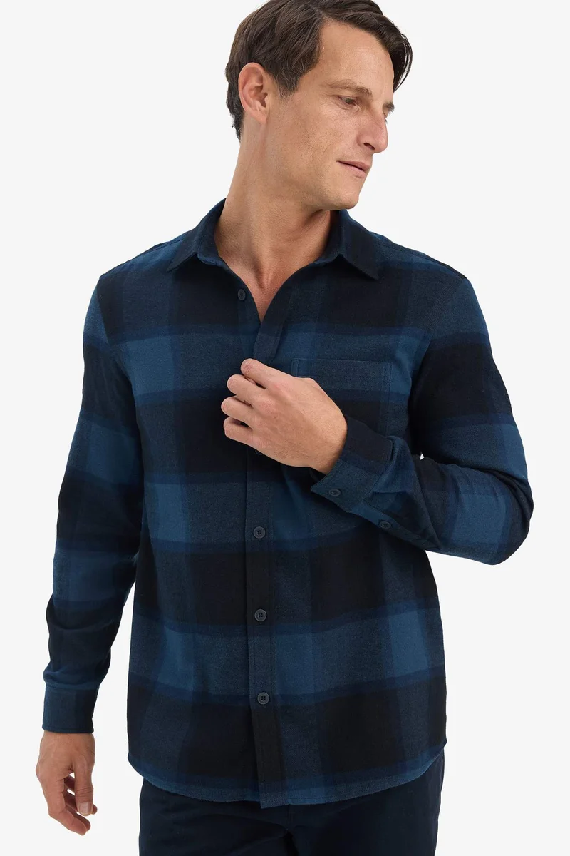 ديفاكتو Regular Fit Polo Collar Plaid Flanel Long Sleeve Shirt