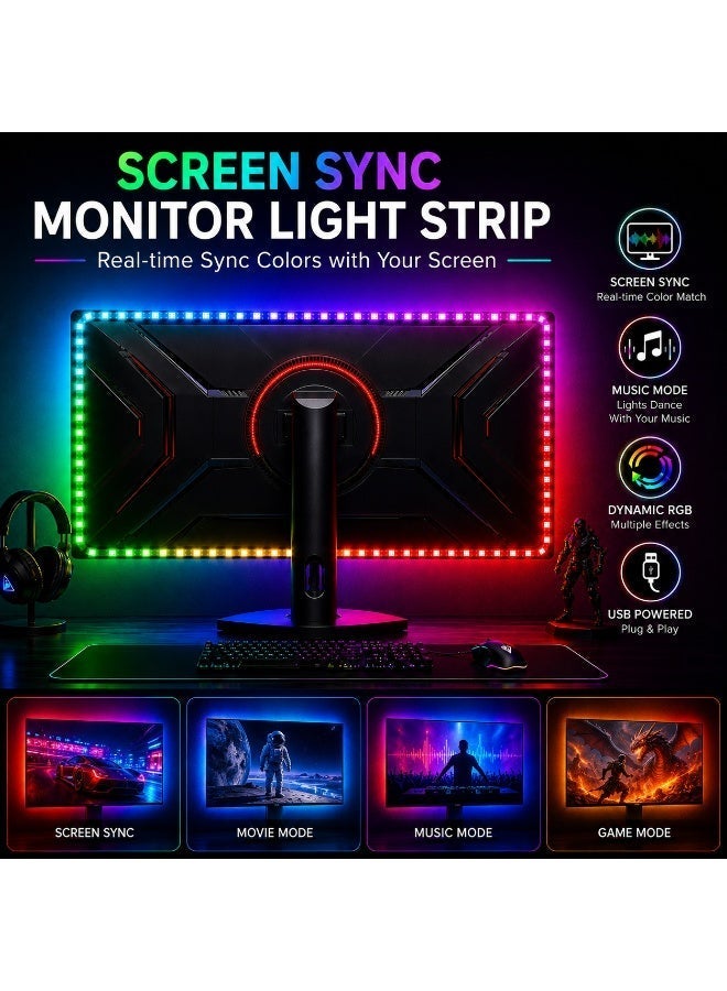 WACUAAO PC Screen Sync LED Backlight Strip - 3M Smart RGBIC Ambient Gaming Light (40 LEDs/m) with Music & Monochrome Modes, Software Controlled Monitor Backlight for 3-Side or 4-Side Custom Setup, Cuttable DIY Design for Gaming Room Decor - Image 1