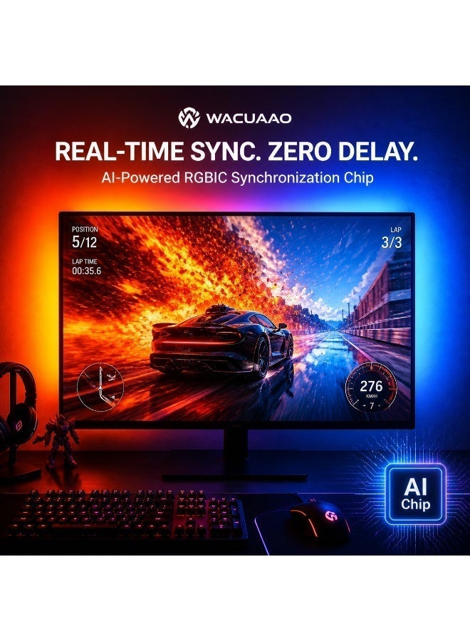 WACUAAO PC Screen Sync LED Backlight Strip - 3M Smart RGBIC Ambient Gaming Light (40 LEDs/m) with Music & Monochrome Modes, Software Controlled Monitor Backlight for 3-Side or 4-Side Custom Setup, Cuttable DIY Design for Gaming Room Decor - Image 2