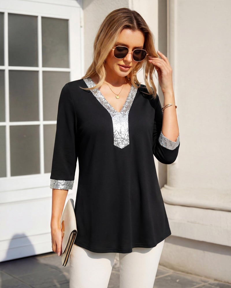 VALOLIA Womens Tunic Tops 3/4 Sleeve Sequin - V Neck Tunic Length Shirts for Leggings Romantic Feminine Outfits Classy Sparkly Blouses for Women Party Night Evening Black - Image 4