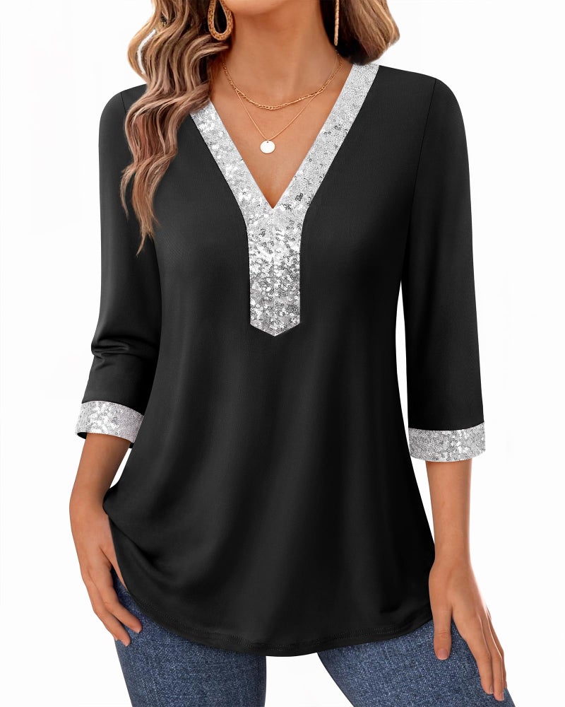 VALOLIA Womens Tunic Tops 3/4 Sleeve Sequin - V Neck Tunic Length Shirts for Leggings Romantic Feminine Outfits Classy Sparkly Blouses for Women Party Night Evening Black - Image 1