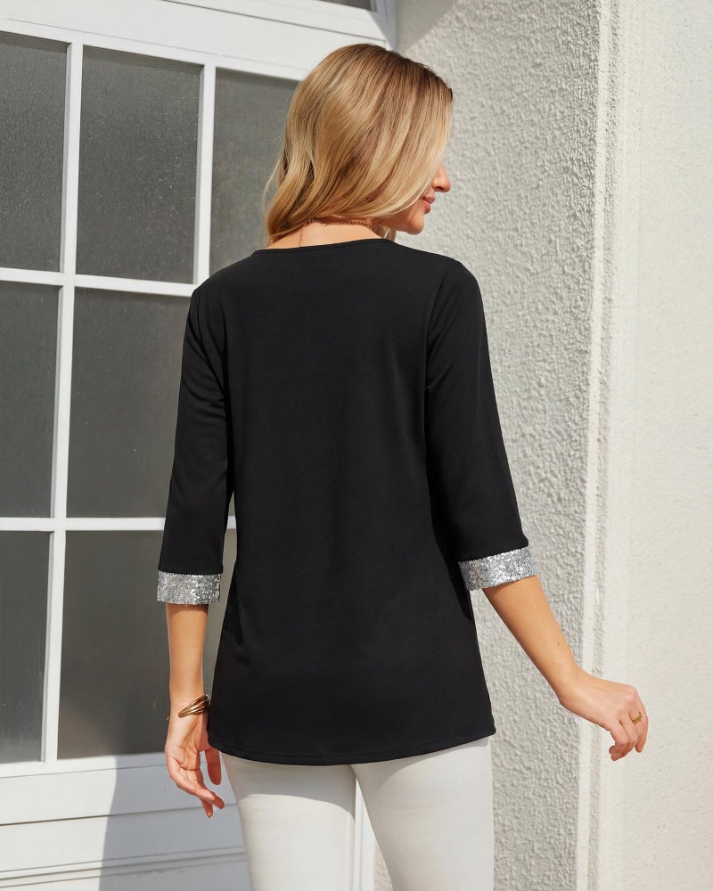 VALOLIA Womens Tunic Tops 3/4 Sleeve Sequin - V Neck Tunic Length Shirts for Leggings Romantic Feminine Outfits Classy Sparkly Blouses for Women Party Night Evening Black - Image 5