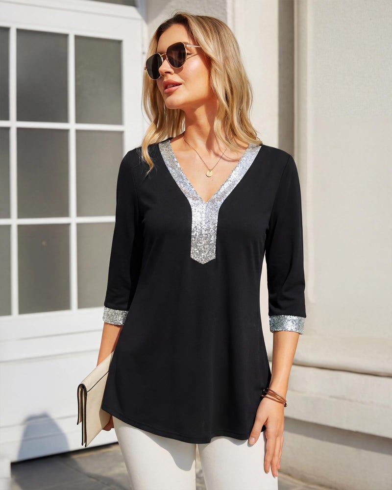 VALOLIA Womens Tunic Tops 3/4 Sleeve Sequin - V Neck Tunic Length Shirts for Leggings Romantic Feminine Outfits Classy Sparkly Blouses for Women Party Night Evening Black - Image 3