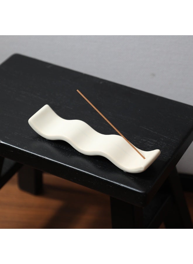 Wabi-Sabi White Ceramic Incense Holder for Sticks, Modern Wave-Shaped Ash Catcher Tray, 17cm Long, Zen Home Decor for Meditation, Yoga, and Arabic Oud Incense