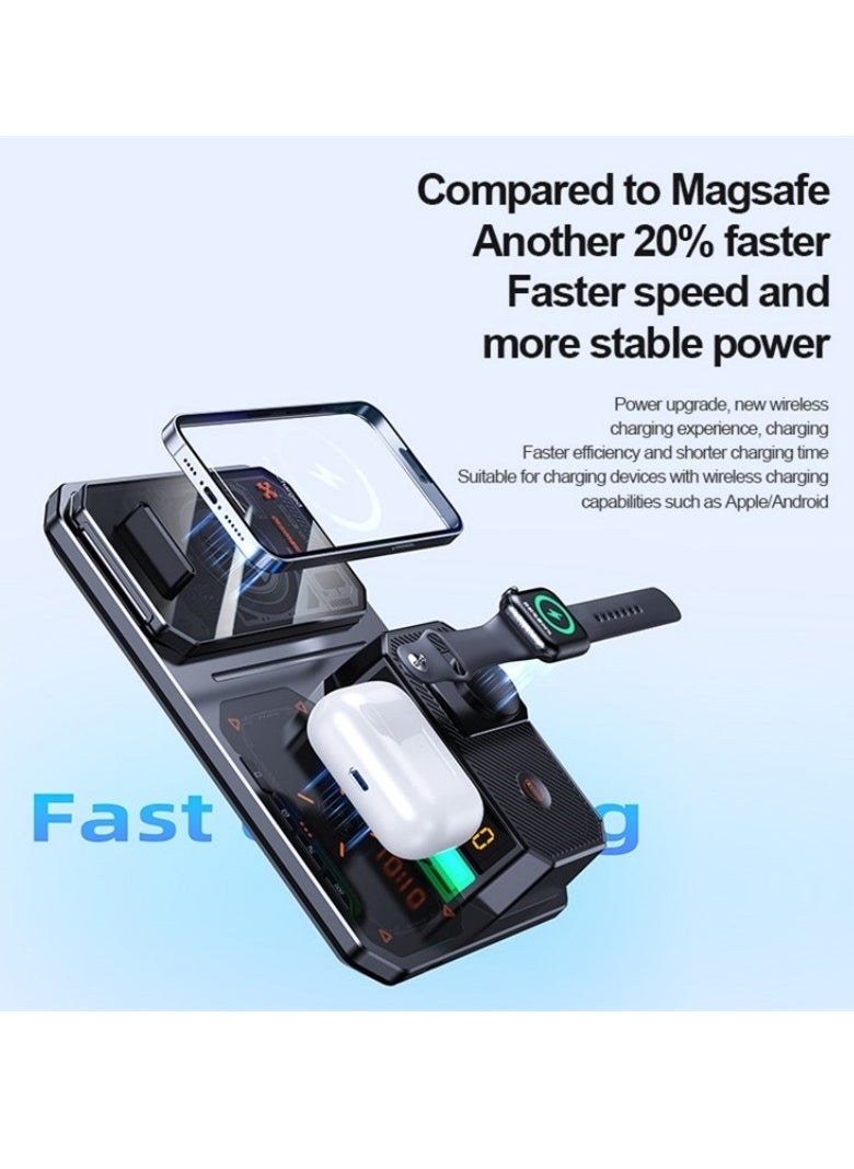 T50 6-in-1 Magnetic Wireless Charger Stand with Bluetooth Speaker, Alarm Clock, Fast Charging Station for Phone, Watch, Earphones
