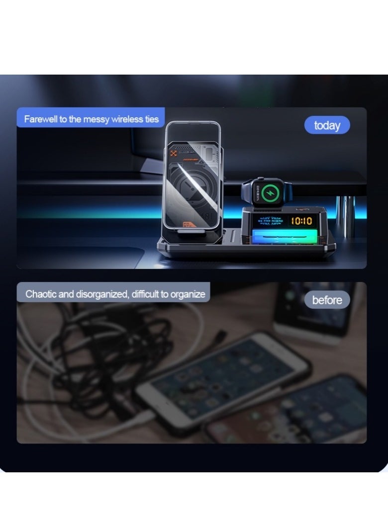 T50 6-in-1 Magnetic Wireless Charger Stand with Bluetooth Speaker, Alarm Clock, Fast Charging Station for Phone, Watch, Earphones