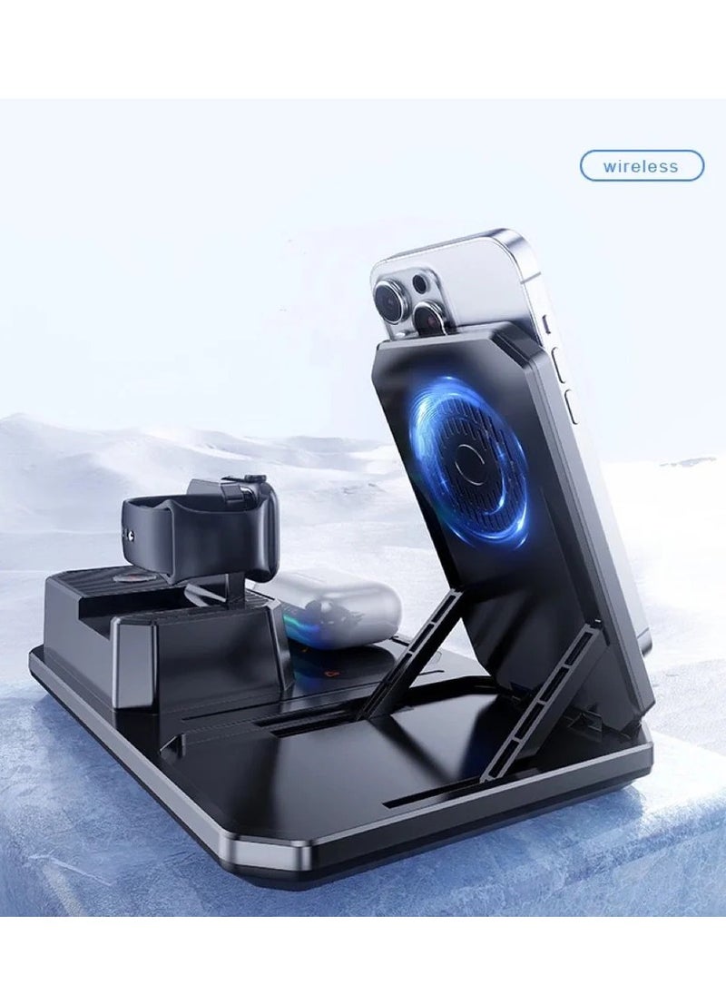 T50 6-in-1 Magnetic Wireless Charger Stand with Bluetooth Speaker, Alarm Clock, Fast Charging Station for Phone, Watch, Earphones
