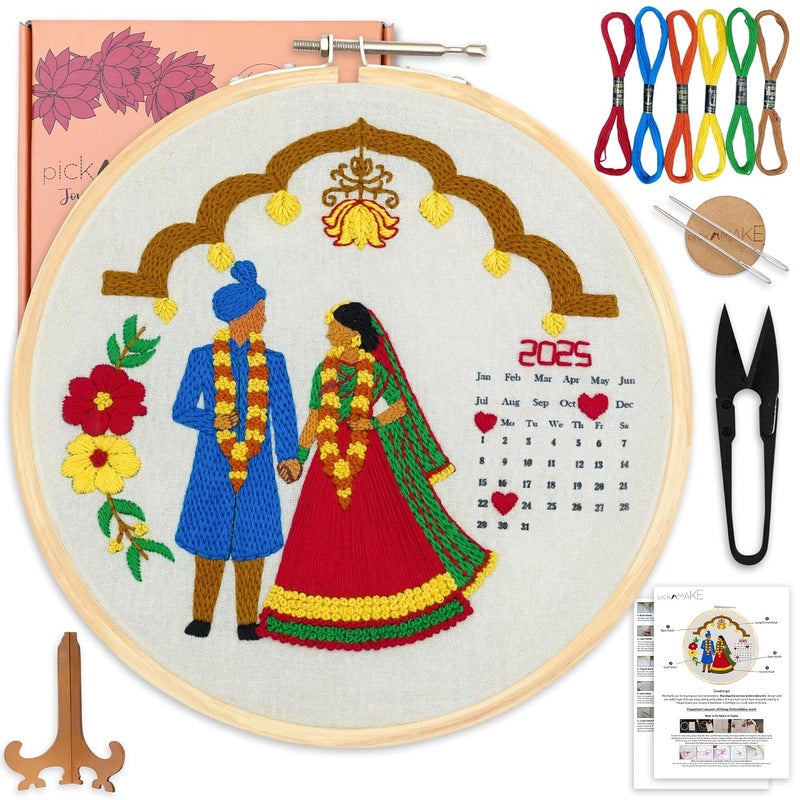 picknMAKE DIY Hand Embroidery Kit for Beginners & Adults | Wedding Calendar Kit with Printed Fabric, Frame, Threads & Tools | Unique Embroidery Kit for Gifts & Keepsake – All Supplies Included - Image 1