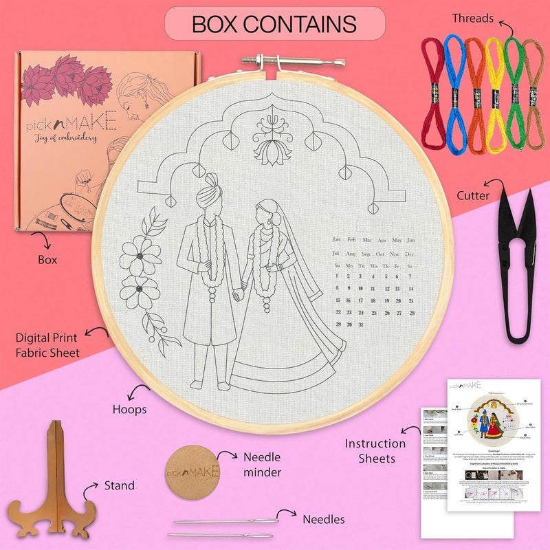 picknMAKE DIY Hand Embroidery Kit for Beginners & Adults | Wedding Calendar Kit with Printed Fabric, Frame, Threads & Tools | Unique Embroidery Kit for Gifts & Keepsake – All Supplies Included - Image 2