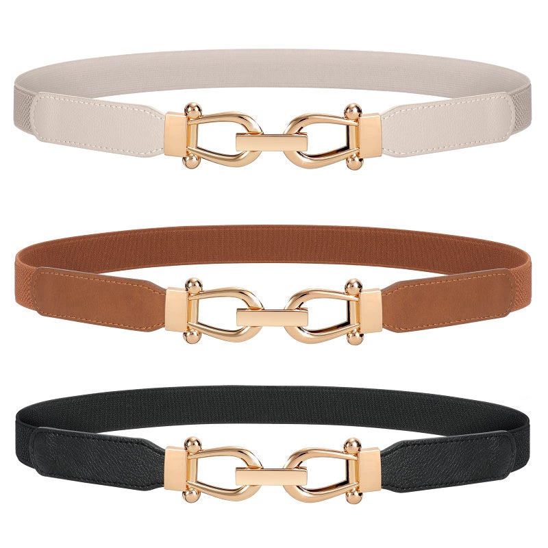 JASGOOD 3 Pack Women Stretchy Waist Belt Retro Elastic Skinny Belt for Ladies with Gold Buckle - Image 1