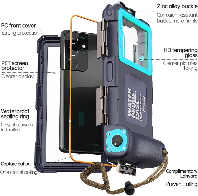 Flat working surface 2025 Underwater Diving Waterproof Phone Case for iPhone 17/16/15/14/13/12/11 Pro Max/XR/XS/X Galaxy S24/S23/S22/S21 Universal Waterproof Case for Snorkeling Photo Video (Blue) Hot & cold climate compatible - Image 5