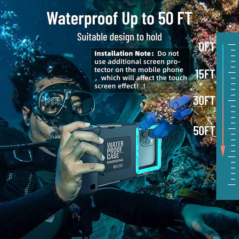 Flat working surface 2025 Underwater Diving Waterproof Phone Case for iPhone 17/16/15/14/13/12/11 Pro Max/XR/XS/X Galaxy S24/S23/S22/S21 Universal Waterproof Case for Snorkeling Photo Video (Blue) Hot & cold climate compatible - Image 2