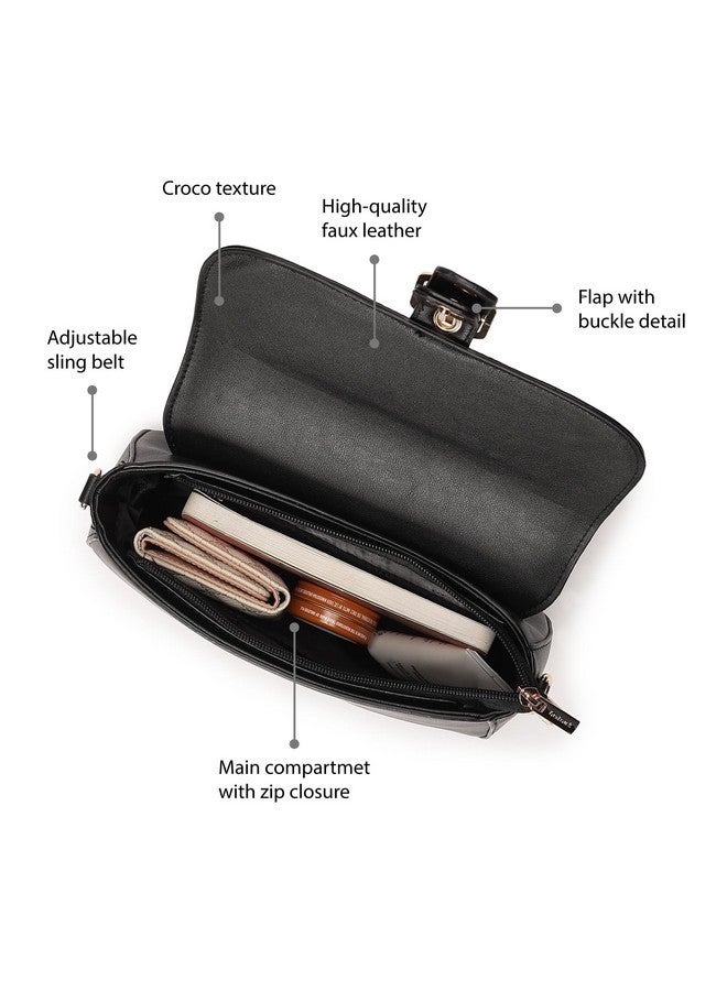 Fastrack Women's Croco Buckle Sling Bag | Adjustable Strap, Flap with Buckle Detail, Inner Zip and Slip Pockets | Stylish Everyday Sling | Sling Bag for Casual Carry,Black - Image 3