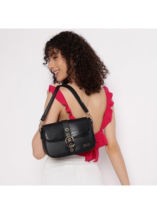 Fastrack Women's Croco Buckle Sling Bag | Adjustable Strap, Flap with Buckle Detail, Inner Zip and Slip Pockets | Stylish Everyday Sling | Sling Bag for Casual Carry,Black - Image 2