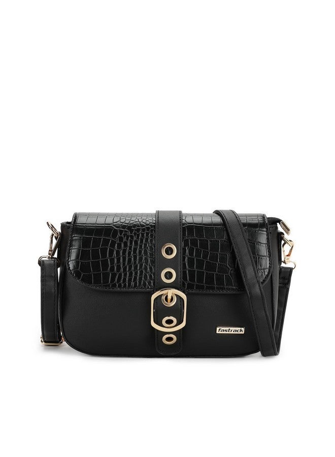Fastrack Women's Croco Buckle Sling Bag | Adjustable Strap, Flap with Buckle Detail, Inner Zip and Slip Pockets | Stylish Everyday Sling | Sling Bag for Casual Carry,Black - Image 1