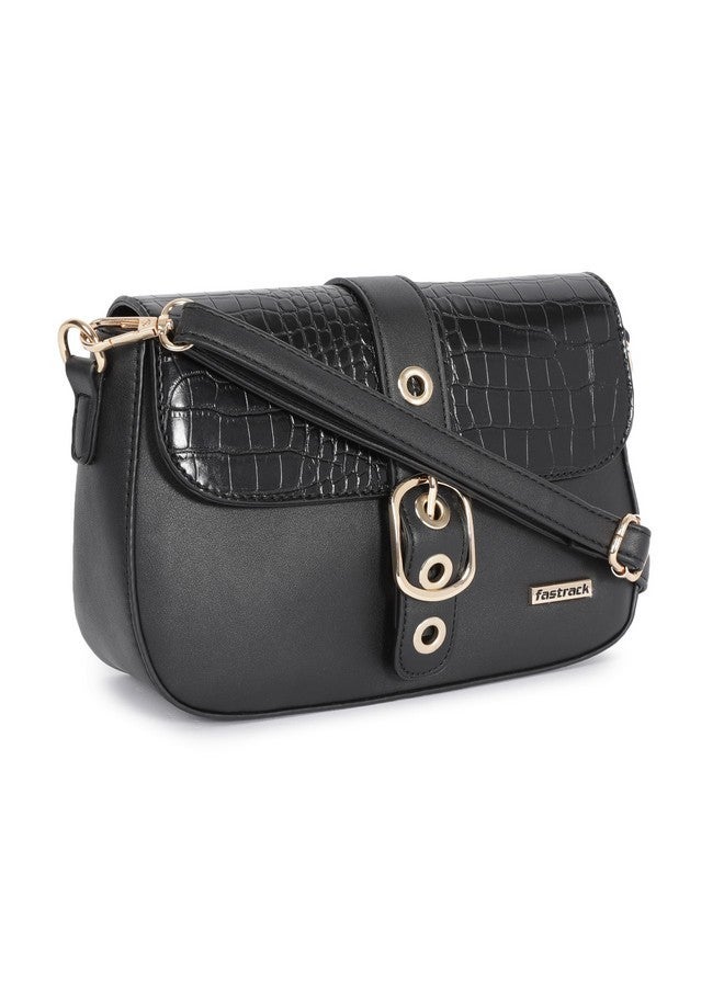Fastrack Women's Croco Buckle Sling Bag | Adjustable Strap, Flap with Buckle Detail, Inner Zip and Slip Pockets | Stylish Everyday Sling | Sling Bag for Casual Carry,Black - Image 4