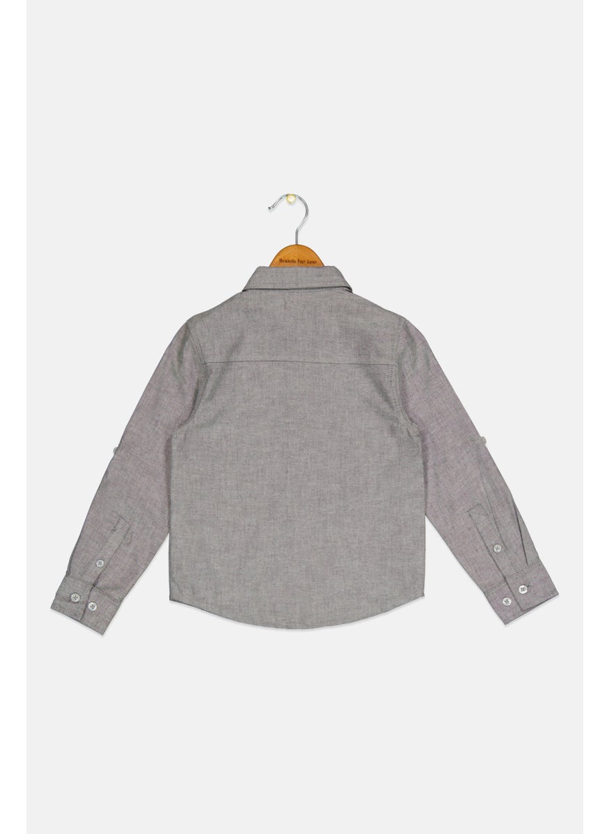 DKNY Kids Boy Pointed Collar Long Sleeve Heather Casual Shirt, Grey  - Image 2