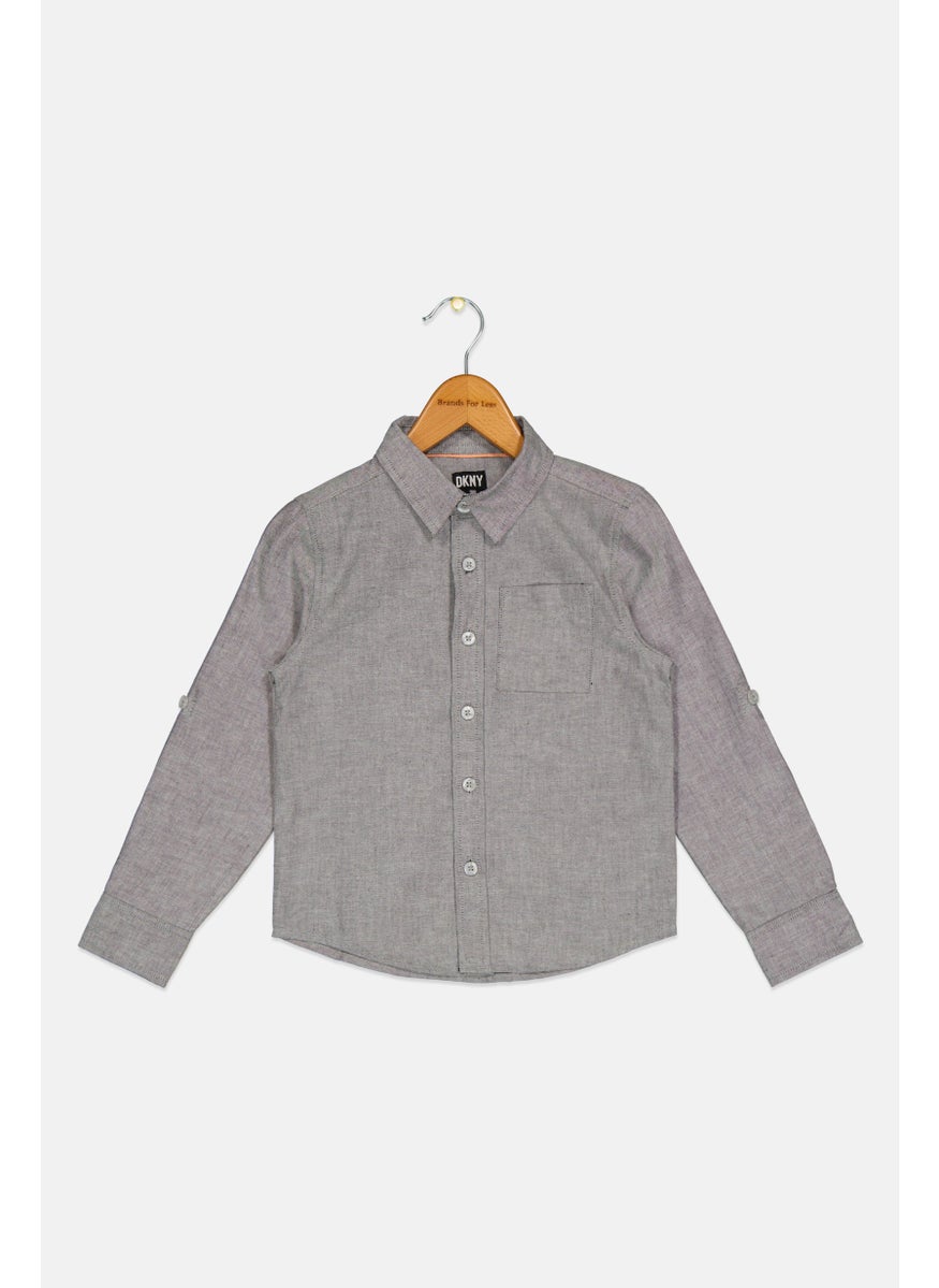 DKNY Kids Boy Pointed Collar Long Sleeve Heather Casual Shirt, Grey  - Image 1