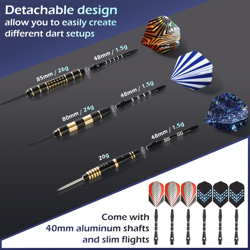 LANNEY Darts Metal Tip, Steel Tip Darts Set 20 Grams, 24 and 26 Grams Professional Dart for Dartboard with Aluminum Shafts, Brass Barrels, Extra Flights, Sharpener Tool Kit, Carrying Case - Image 4