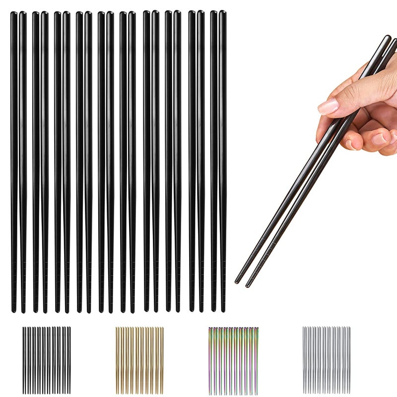 HOMQUEN 10 Pairs Reusable Chopsticks Titanium Black Plating Stainless Steel Metal Chop Sticks Japanese Chinese Korean Chopstick Dishwasher Safe 89 Inch Black  Chop sticks 