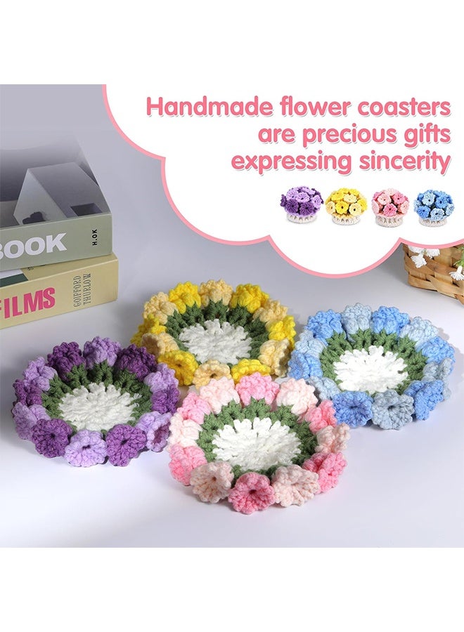Lemon 4 PCS Flower Coaster DIY Crochet Kit for Beginners Insulated Coaster with Material Pack and English Video Tutorial - Image 4