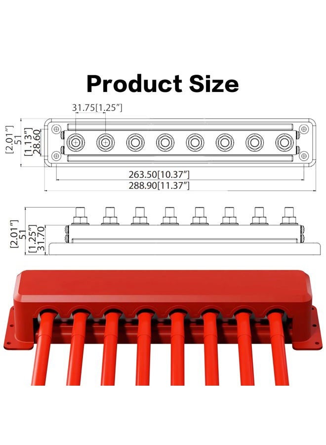 IZTOSS قطعتان 600 أ بار ناقل 12 فولت كتلة توزيع الطاقة 8 × 3/8" (M10) مسامير طرفية، بار بطارية 48 فولت DC طرف بطارية إيجابي وسلبي للسفن والسيارات والشاحنات - Image 2