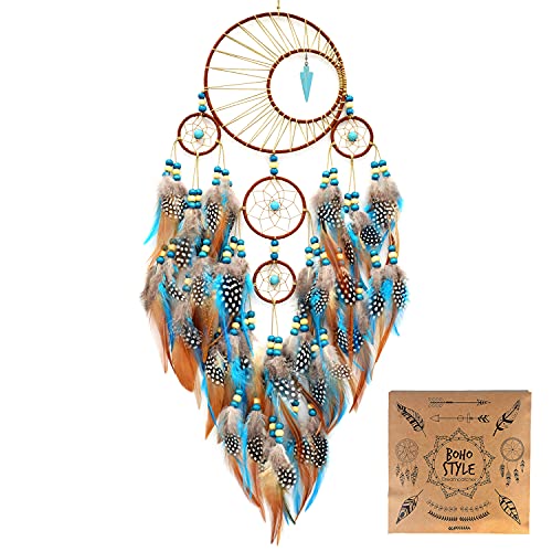Urdeoms Large Dream Catchers for Girls Room Decor Boho Moon Dream Catcher Wall Decor Turquoise Hanging Ornament for Living Room Dorm Decor Hippie Gifts (NO.34) - Image 1