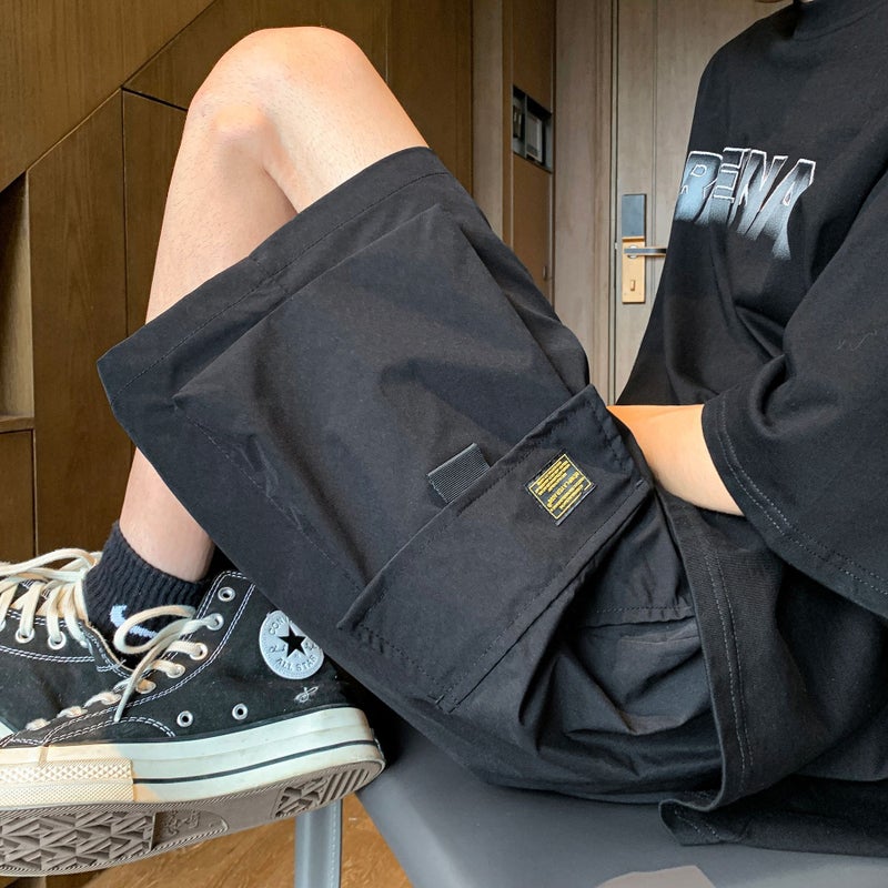 Large Pocket Workwear Shorts Mens Summer Japanese Style Fashionable Label Five-point Large Pants Outer Wear plus size Casual Pants Black  - Image 5