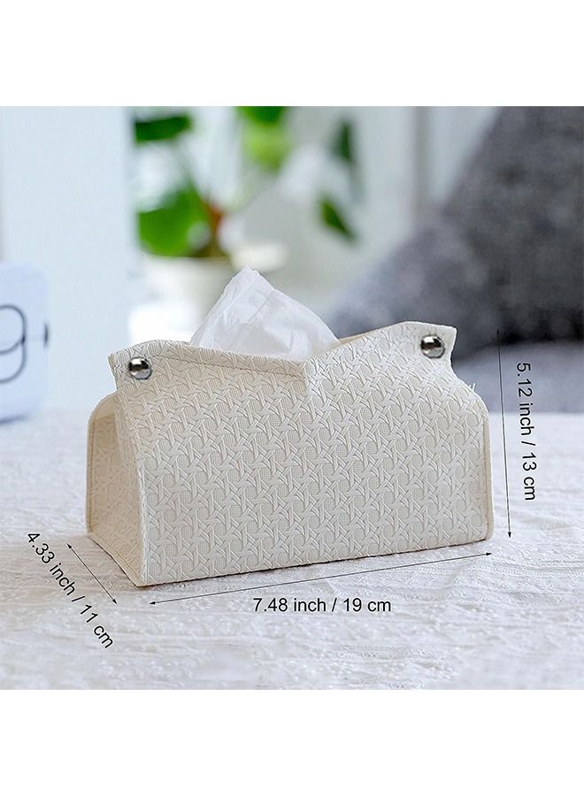 PU Leather Tissue Box Cover, Rattan Style Tissue Holder Rectangular Napkin Holder Foldable Tissue Box Decorative Organizer, for Bathroom Living Room Bedroom Car Office (White) - Image 2