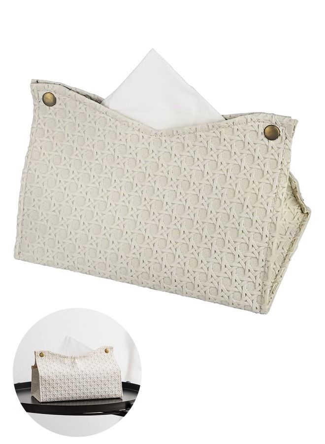 PU Leather Tissue Box Cover, Rattan Style Tissue Holder Rectangular Napkin Holder Foldable Tissue Box Decorative Organizer, for Bathroom Living Room Bedroom Car Office (White) - Image 1