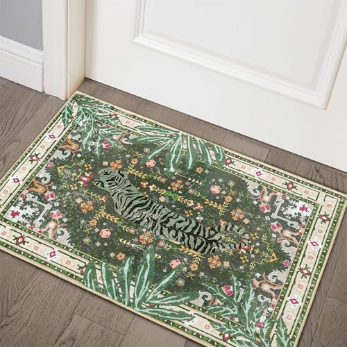Aldopein Oriental Tropical Entryway Rugs Washable, Greyish Green Boho Vintage Distressed Hippie 2x3 Throw Rugs for Bathroom Kitchen Entryway Indoor Non-Slip Abstract Botanical Tribal Accent Carpet - Image 1