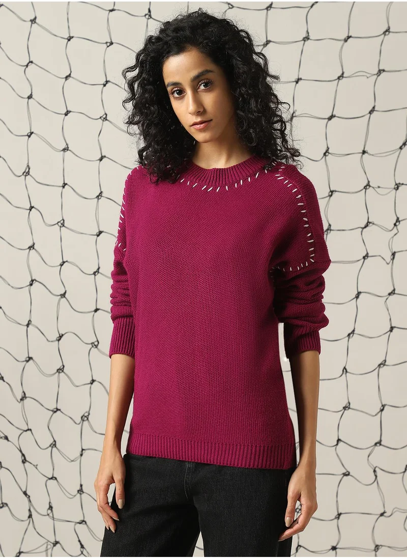 هوبرهولمي Women's Pink 100% Acrylic Solid Regular Fit Sweater