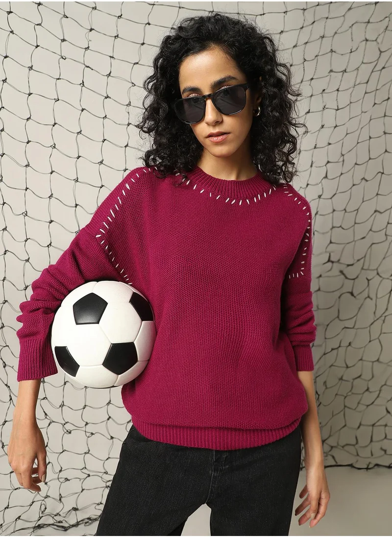 هوبرهولمي Women's Pink 100% Acrylic Solid Regular Fit Sweater