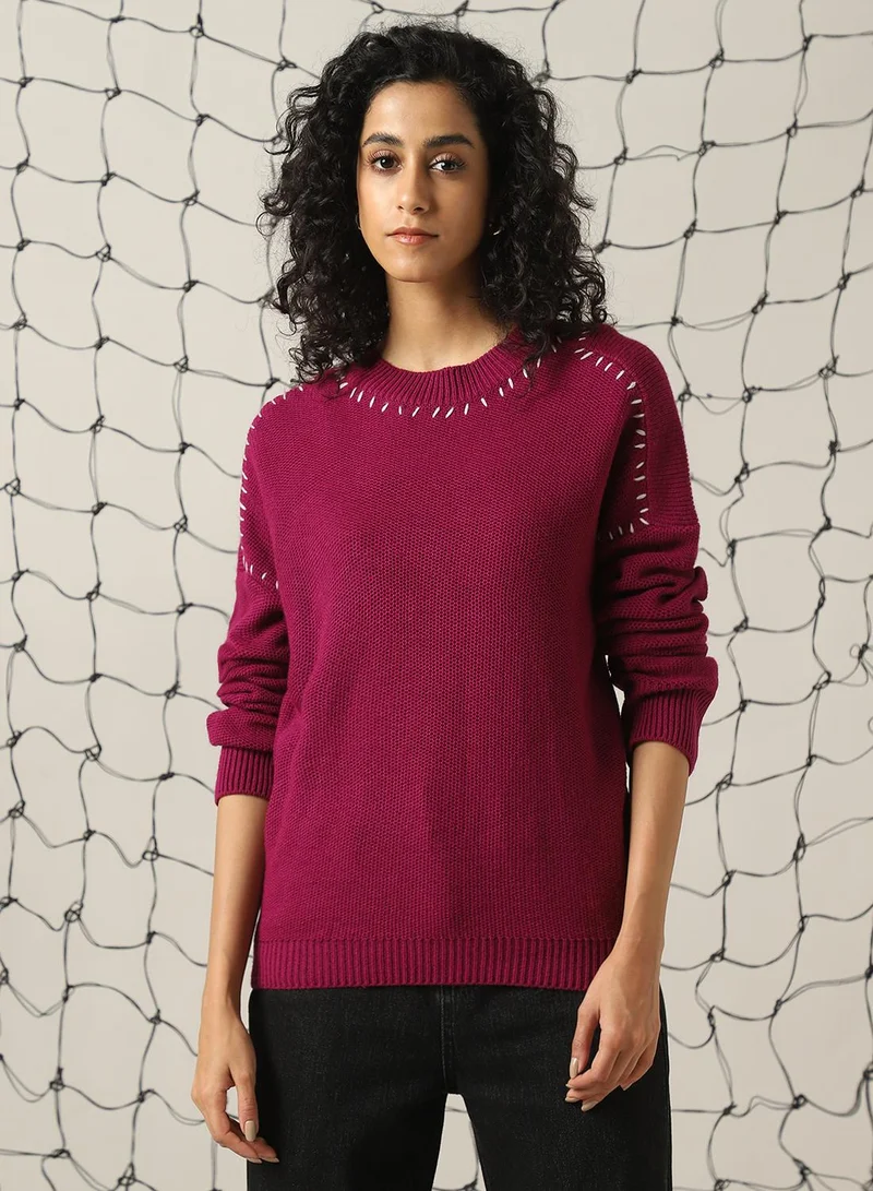 Hubberholme Women's Pink 100% Acrylic Solid Regular Fit Sweater