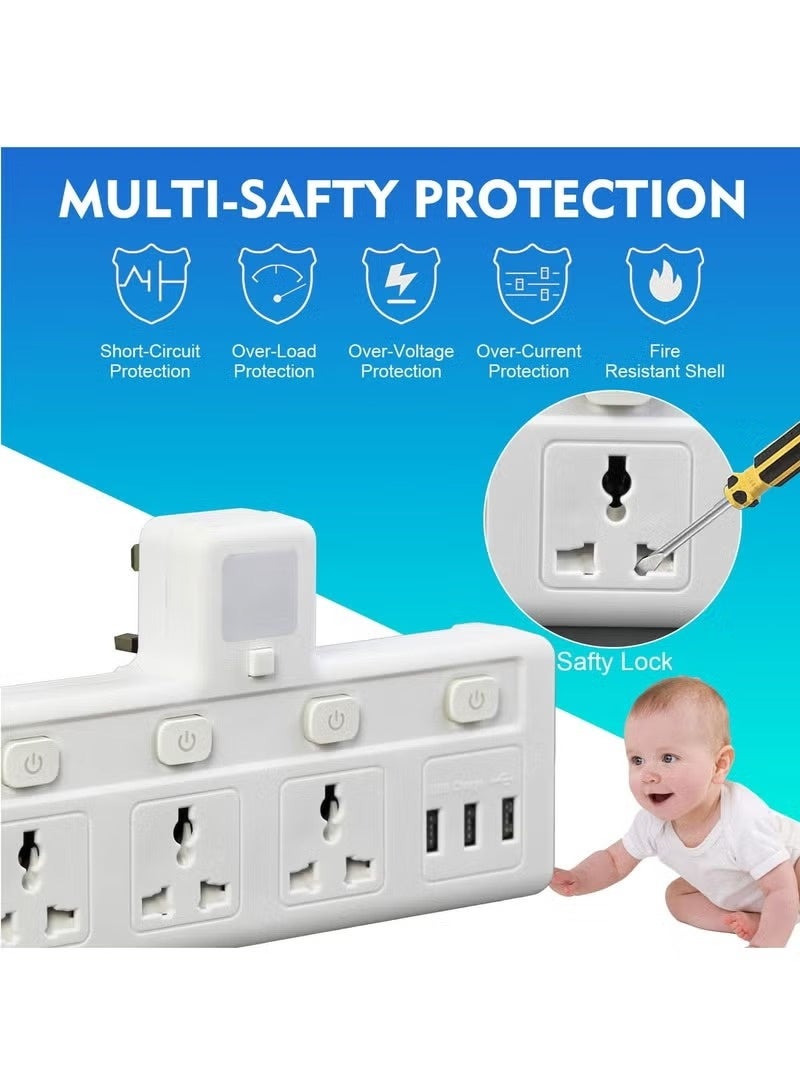 Multi-Plug Extension Socket with 3 USB Extender Wall with 3 Outlets and an Electrical Power Extender Outlet Adaptor for Home, Office, and Kitchen White,Extension Cord - Image 2