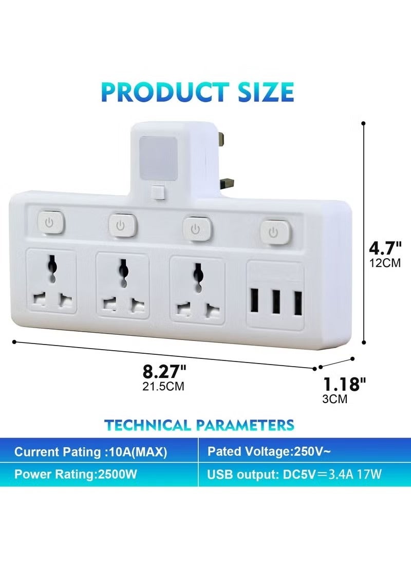 Multi-Plug Extension Socket with 3 USB Extender Wall with 3 Outlets and an Electrical Power Extender Outlet Adaptor for Home, Office, and Kitchen White,Extension Cord - Image 3