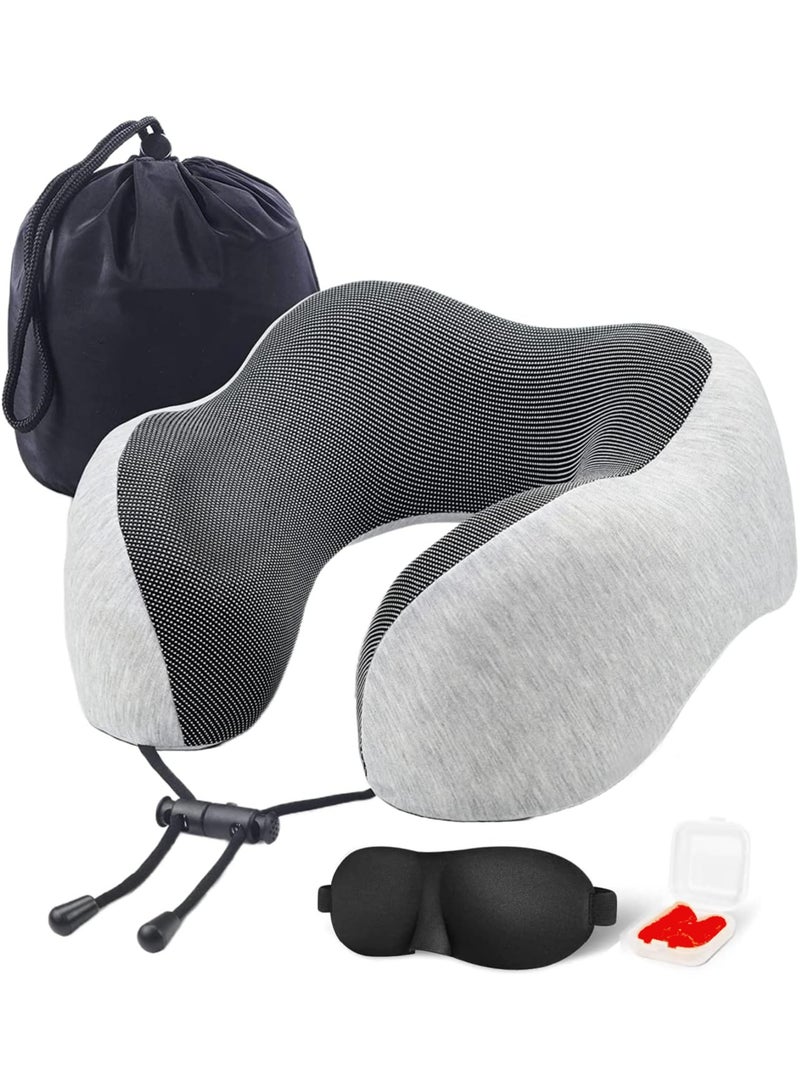 UREVO Travel Pillow Set, 100% Pure Memory Foam Neck Pillow, U-Shape Head Pillow Airplane Travel Kit with 3D Contoured Eye Masks Earplugs and Storage Bag - Grey - Image 1