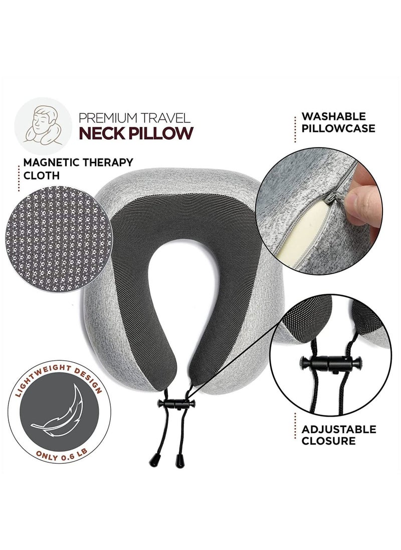 SKY-TOUCH - Travel Pillow Set, 100% Pure Memory Foam Neck Pillow, U-Shape Head Pillow Airplane Travel Kit with 3D Contoured Eye Masks Earplugs and Storage Bag - Grey - Image 1