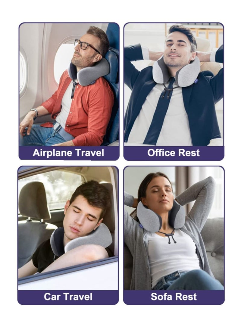 SKY-TOUCH - Travel Pillow Set, 100% Pure Memory Foam Neck Pillow, U-Shape Head Pillow Airplane Travel Kit with 3D Contoured Eye Masks Earplugs and Storage Bag - Grey - Image 1