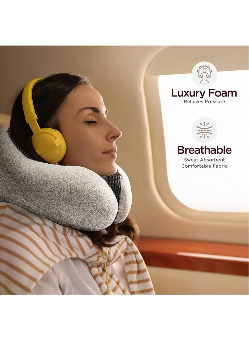 SKY-TOUCH - Travel Pillow Set, 100% Pure Memory Foam Neck Pillow, U-Shape Head Pillow Airplane Travel Kit with 3D Contoured Eye Masks Earplugs and Storage Bag - Grey - Image 1