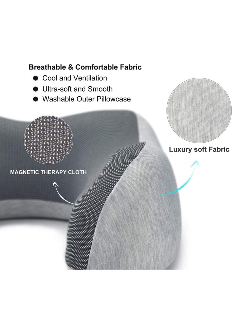 SKY-TOUCH - Travel Pillow Set, 100% Pure Memory Foam Neck Pillow, U-Shape Head Pillow Airplane Travel Kit with 3D Contoured Eye Masks Earplugs and Storage Bag - Grey - Image 1