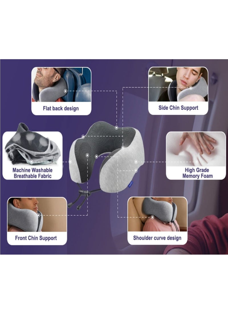 SKY-TOUCH - Travel Pillow Set, 100% Pure Memory Foam Neck Pillow, U-Shape Head Pillow Airplane Travel Kit with 3D Contoured Eye Masks Earplugs and Storage Bag - Grey - Image 1